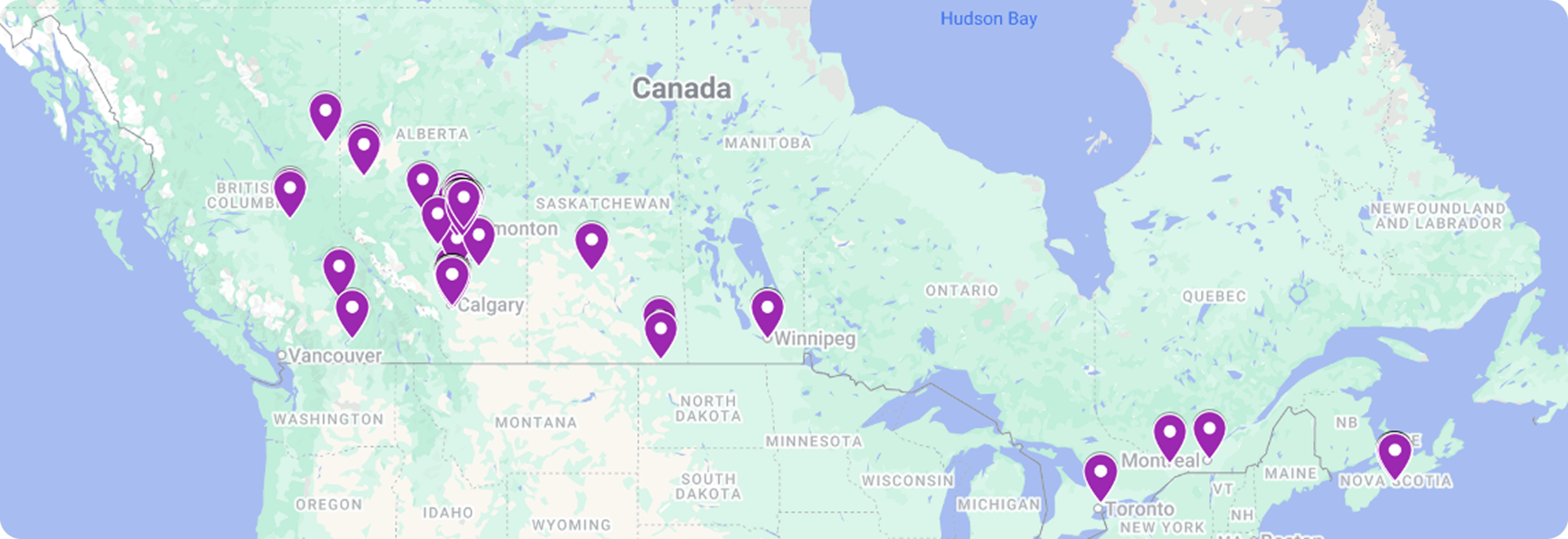 A map of Canada with location pins