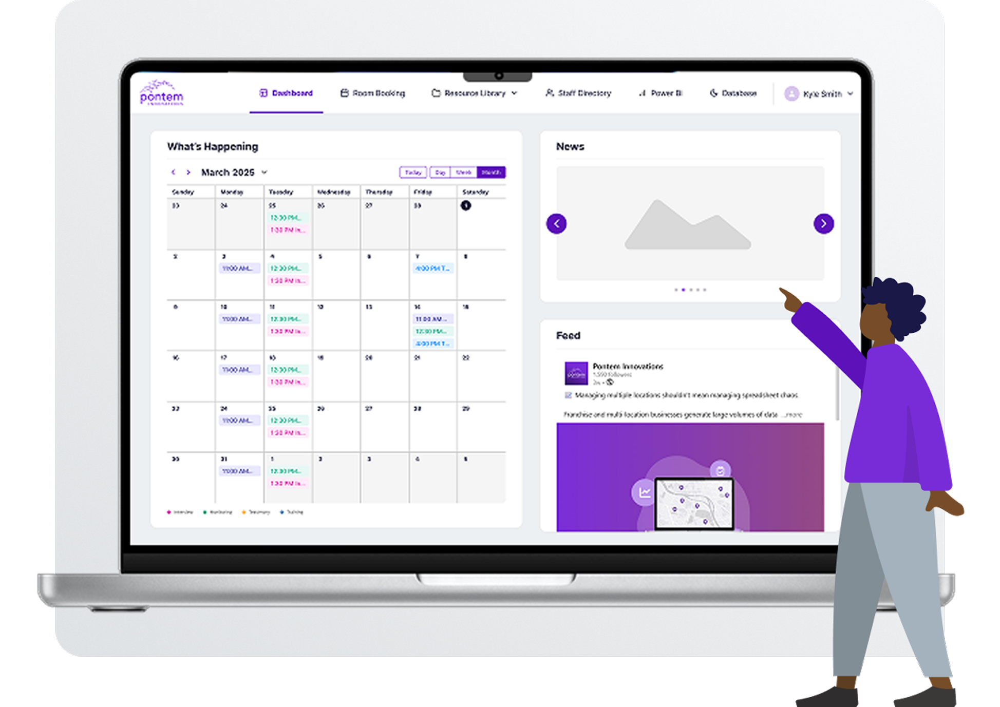 Laptop dashboard with a person pointing at operational data
