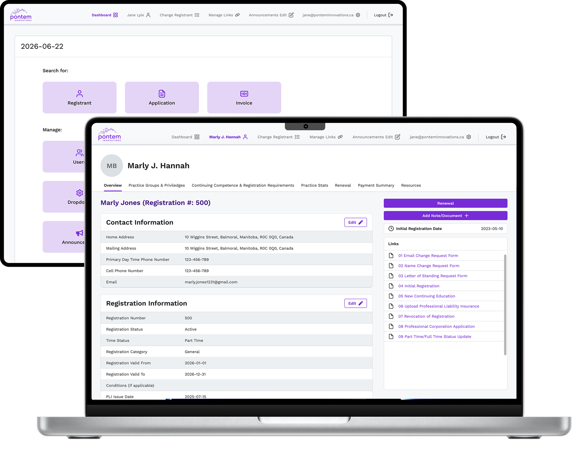 Pontem registrant management platform on laptop and tablet