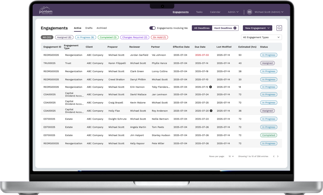 Laptop showing the Pontem Engagements dashboard